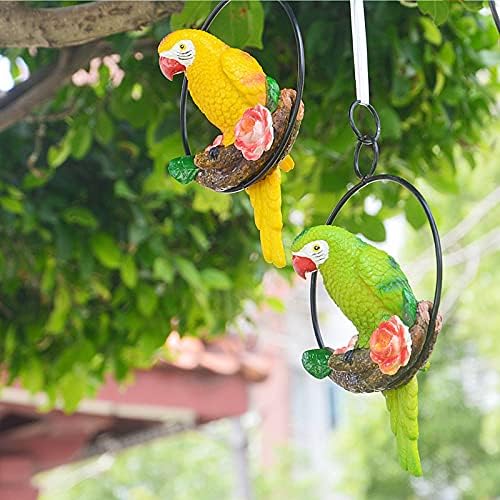 Mini Garden Statues Hanging Iron Ring Parrots, Resin Parrot Hanging Statue, Hanging Birds Figurine for Pathways Yard Patio Office Home Indoor Outdoor Tree Decorations (A-2)