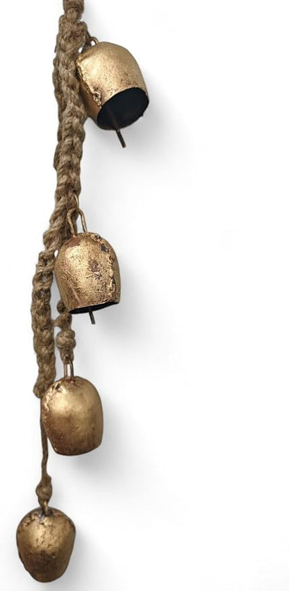 Mango Gifts Rustic Iron Barn Bell Wind Chimes with Rope, 4 Vintage Shabby Chic Hanging Bells for Boho Farmhouse Home Decor AMD Decorative Metal Wind Chime for Porch, Patio & Garden – 45 cm Height