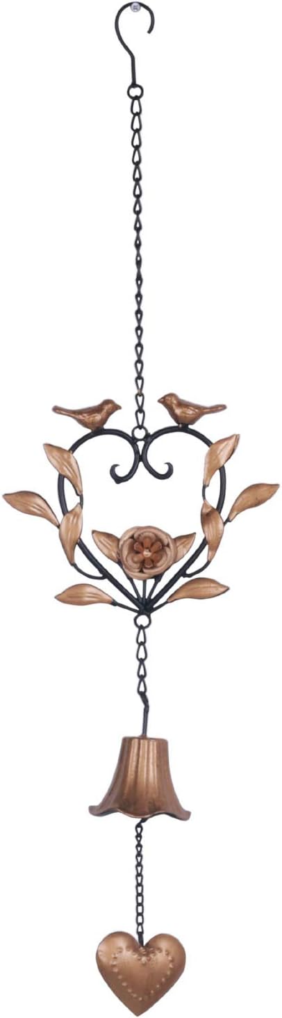 Yamfurvo Antique Metal Bird Wind Chime, Portable Floral Heart Shaped Wind Bell with Hook and Wave, Decorative Chime with Musical Sound for Garden, Patio, Balcony, Gold