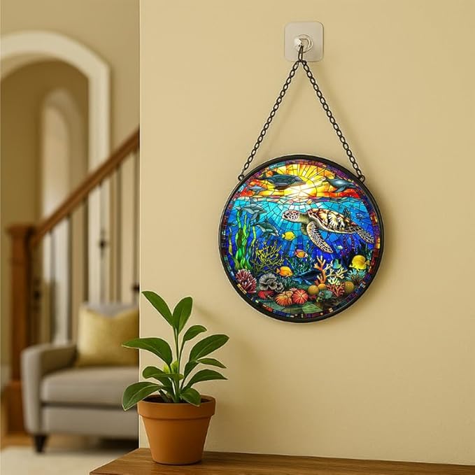 Stained Glass Window Hanging - Rainbow Colored Dragonfly in Floral Frame 9.8in Sun Catchers Indoor Stained Glass Panels Wall Decor for Mom Wife Lovers Festive