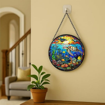 Stained Glass Window Hanging - Rainbow Colored Dragonfly in Floral Frame 9.8in Sun Catchers Indoor Stained Glass Panels Wall Decor for Mom Wife Lovers Festive