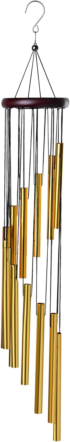Wind Chimes Outdoor Clearance with 12 Aluminum Tubes and Hook, Outsie Wind Chime Gift Decoration for Garden Patio Balcony and Home （Gold）, WLM03