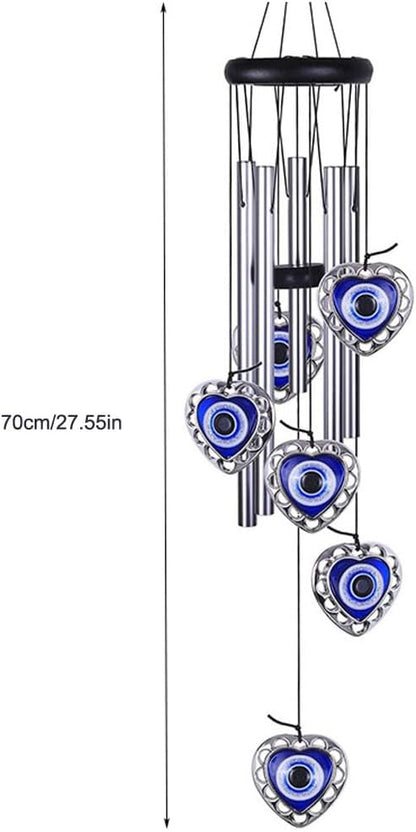 Blue Evil Eye Heart Wind Chimes, Metal Tubes Hanging Ornaments, Car Outdoor Garden Decor (Heart)