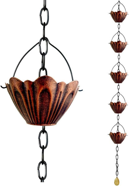 Rain Chain Gutter Downspout Catcher Outside Water Diverter Decorative Garden Rain Cups Chime Home Decor (Bronze)