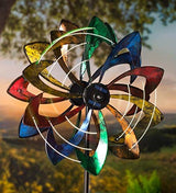 Plow & Hearth Solar Lighted 18 LEDs Flower Metal Wind Spinner | Antique | Bi-Direction Rotors | Dual-Motion | Over 6ft Tall | Easy Assembly
