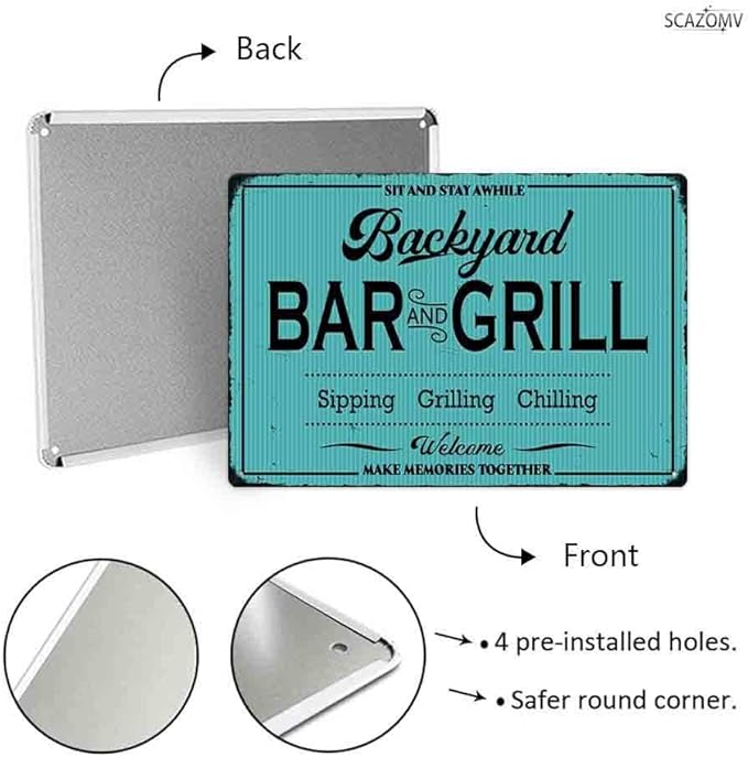SCAZOMV Backyard Bar and Grill Metal Sign - Indoor/Outdoor Patio Decor for Home Barbecue - Funny Accessories for Home Bar