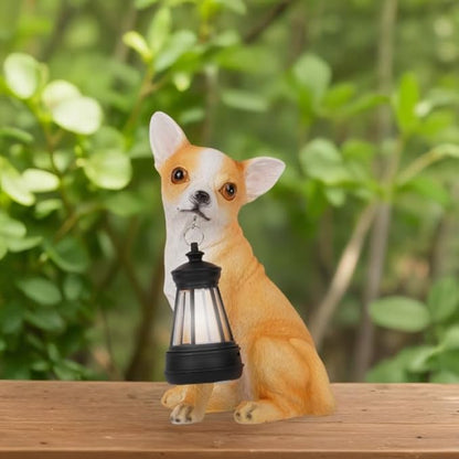 Chihuahua Garden Statues with Solar Lantern, Outdoor Figurine Resin Sculpture Hanging Solar Power Lights for Decoration Yard Patio Balcony Lawn Ornament Art Decor, Unique Gift for Grandma Wowen Mom