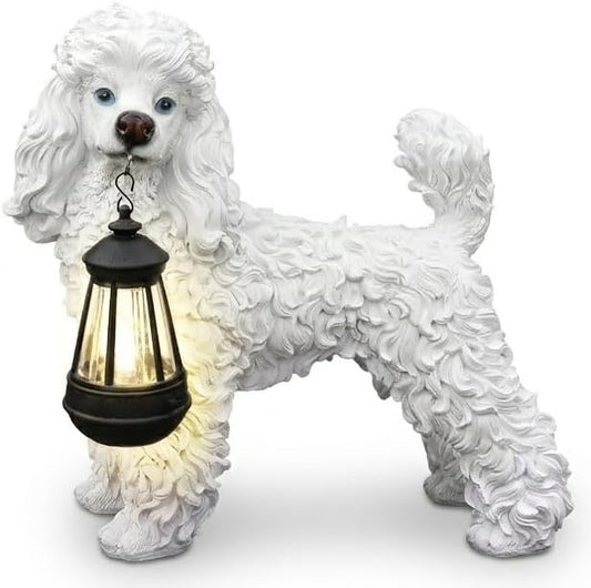 White Poodle Garden Statue with Solar Lantern & Double-Sided Welcome Sign, 14" Realistic Dog Sculpture, Waterproof Resin Poodle Figurine for Yard Lawn Patio Decor, Gift for Poodle Lovers