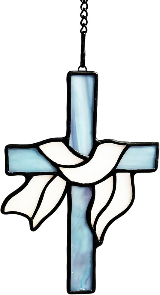 Stained Glass Ribbons Cross Decor Window Hanging for Baptism, First Communion Handmade Art Cross Suncatchers Religious Ornament Gifts for Women