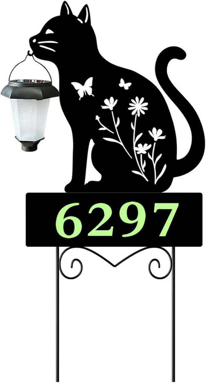 Solar Cat Garden Stakes Cat Holding Solar Lantern Decor Stakes Animal Yard Decorative Stakes Yard Sign -Number