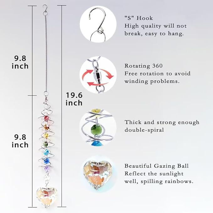 Big Heart Crystal Sun Catchers for Windows Hanging, Double-Spiral Design Gazing Ball Spiral Tail, Rainbow Maker Prism, Sun Catchers Indoor Window for Kitchen, Patio, Porch, Garden(AB-Silver)