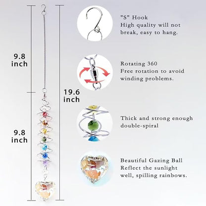 Big Heart Crystal Sun Catchers for Windows Hanging, Double-Spiral Design Gazing Ball Spiral Tail, Rainbow Maker Prism, Sun Catchers Indoor Window for Kitchen, Patio, Porch, Garden(AB-Silver)