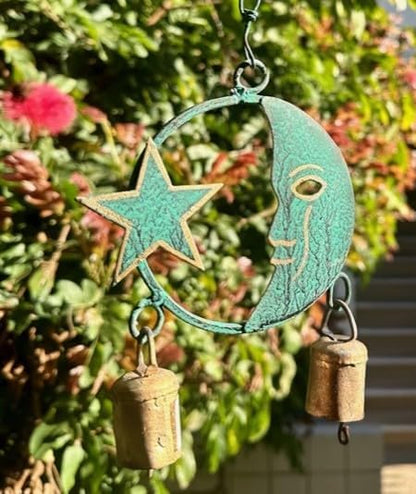 Metal Moon and Star Wind Chime, 13 Inch Celestial Garden Decor, Green Patina Finish with Rustic Copper Bells, Outdoor Hanging Accent