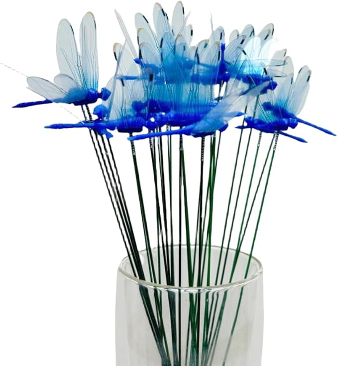 Garden Royal Blue Dragonfly Stakes with Sticks,25 pcs 3D Removable Fake Dragonfly,25 pcs 10" Waterproof Shaking Head Dragonflies Ornaments Garden Decor for Outside,Plant Decoration and House Warmings