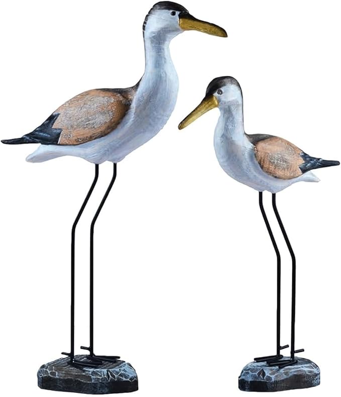 Garden Statues 2PCS Wooden Seabird Standing Bird Mediterranean Style Retro Hand-Carved Bird Statue Desktop Ornament Indoor Decoration Yard Ornaments Decor