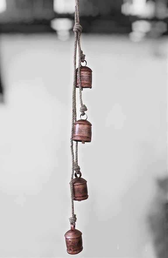 Mango Gifts Vintage Bells Hanging Chimes with Jute Rope, Bohemian Style Decor Tranquil Wind Chimes for Garden Outdoor and Patio Decoration, Antique Copper Finish (MGT27)
