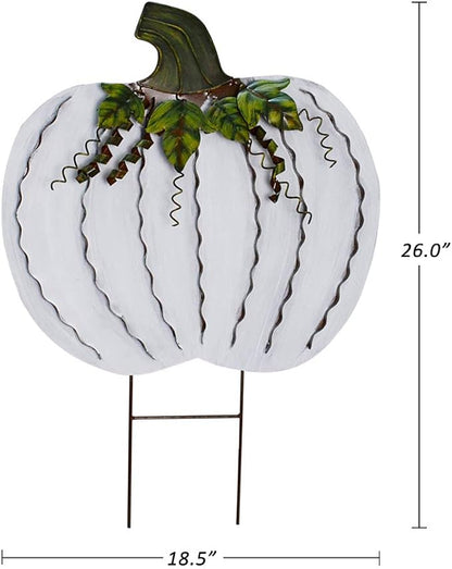 Morning View Pumpkin Garden Stakes Metal Yard Sign Fall Decor Outdoor Autumn Yard Stake Art Pumpkin Lawn Ornaments for Patio Porch Thanksgiving Halloween Harvest 30 Inches Tall(White)