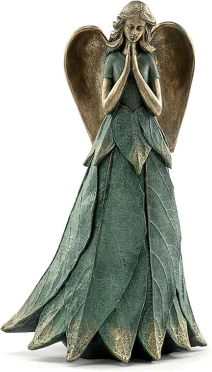 Napco Praying Angel Faith Plant Leaf 11 x 6 x 6.5 inches Blue and Bronze Resin Stone Collectible Figurine Statue Sculpture, Indoor Outdoor Garden Décor