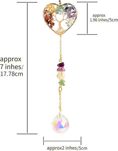 Crystal Sun Catcher, Heart 7 Chakra Tree of Life Crystal Suncatcher Hanging for Indoor Window, Dream Catchers for Car, Spiritual, Rainbow Maker, Christmas Decor