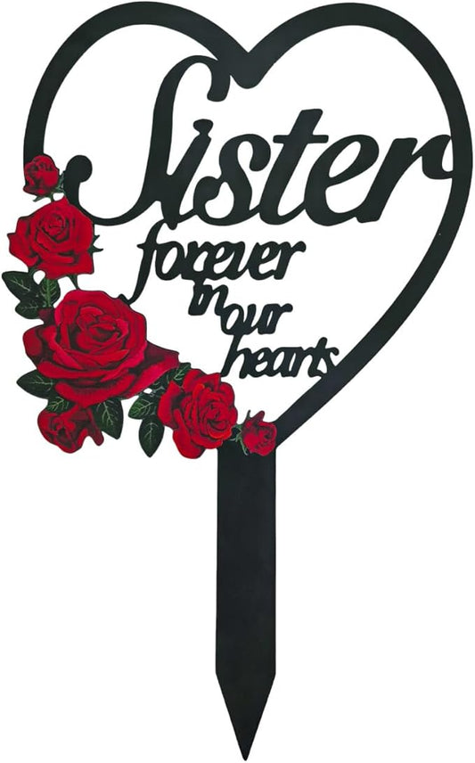 AIM & GGKK Memorial Stake for Sister - Metal Heart Grave Marker with Red Roses, Memorial Plaque Cemetery Decor for Grave, Garden, Gravesite