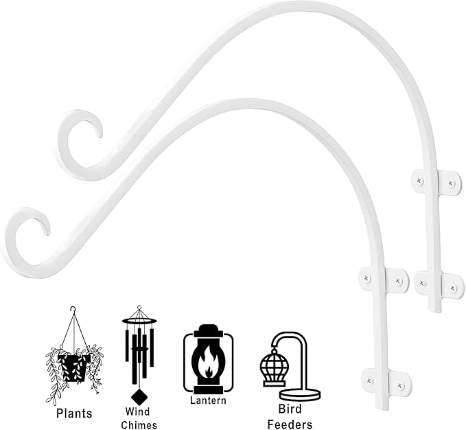 Monarch Abode Hanging Basket Hooks, Heavy Duty Metal Plant Hangers Outdoor or Indoor for Flower Basket, Wall Fence Hooks for Bird Feeder Bracket, Set of 2, 14-inch White Plant Wall Hanger