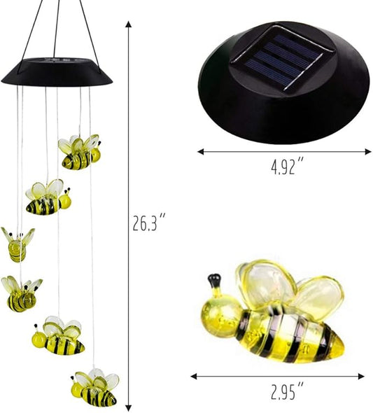 MorTime LED Solar Bee Wind Chime, 25" Mobile Hanging Wind Chime for Home Garden Decoration, Automatic Light Changing Color(Honeybee)