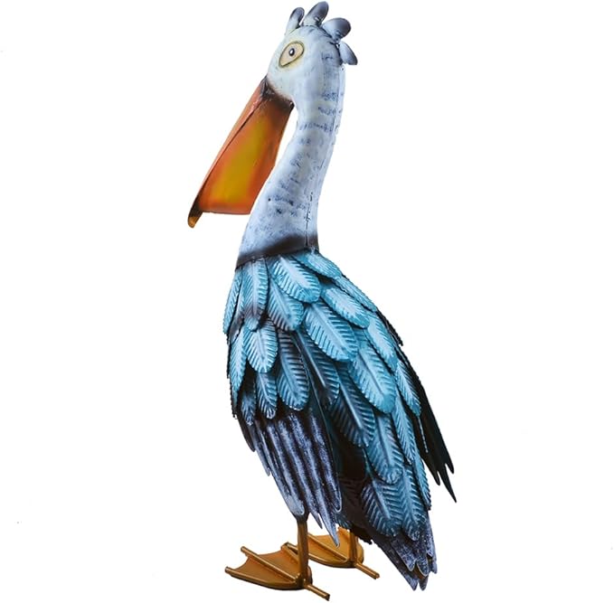 17" Metal Pelican Statue Coastal Ocean Bird Sculpture for Outdoor Garden Yard Art