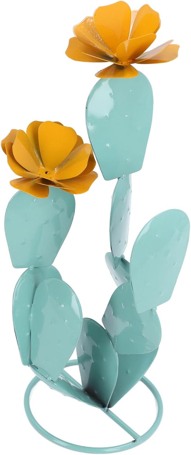 PerGar Prickly Pear Cactus Statue, Metal Iron Art Cactus Decor, Desert Yard Art, Modern Style, Glossy Finish, Sturdy Construction, Lifelike Design, Includes Flower Accessories