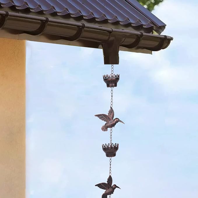 8.5Ft Hummingbird and Cup Rain Chain Outdoor Decorative Rain Gutter Drain Rain Catcher Gutter Chain with Bell