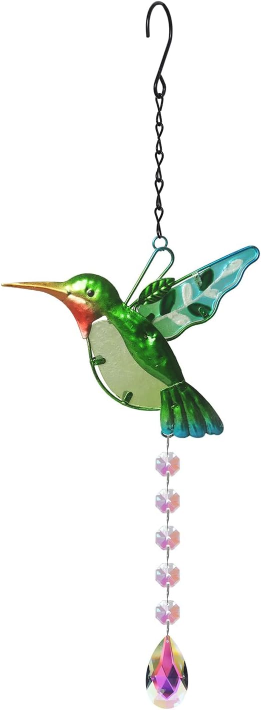 Hummingbird with Crystal Sun Catcher,Stained Glass Bird Suncatchers for Windows Hanging,Crystal Suncatcher Prism Hanging Ornament for Home Garden Party Decoration(Green)
