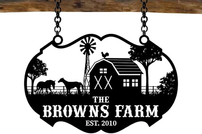 Personalized Metal Farm Ranch Sign, Customized Family Last Name, Large Decor, Outdoor Art, Welcome Sign, Black, 12" - 14" - 16" - 20" - 24" - 27" - 32" - 39
