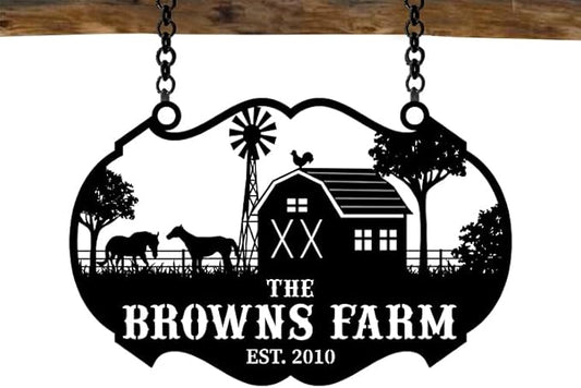 Personalized Metal Farm Ranch Sign, Customized Family Last Name, Large Decor, Outdoor Art, Welcome Sign, Black, 12" - 14" - 16" - 20" - 24" - 27" - 32" - 39