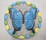 Decorative Butterfly Garden Stepping Stone - Round 10-Inch Concrete, Multi-Colored with Blue Design, Pebble Background for Outdoor Pathways Cynkeyee