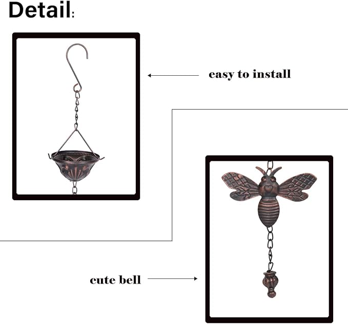 8.5Ft Bee and Cup Rain Chain Outdoor Decorative Rain Gutter Drain Rain Catcher Gutter Chain
