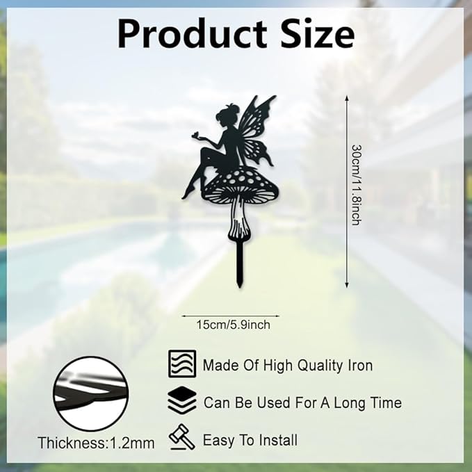 WADORN Flower Fairy Metal Garden Yard Decor, Fairy Theme Outdoor Silhouette Stake Ornaments Mushroom Fairy Sculpture Statues Garden Arts Decor for Backyard Lawn Patio Outdoor Spring Decor
