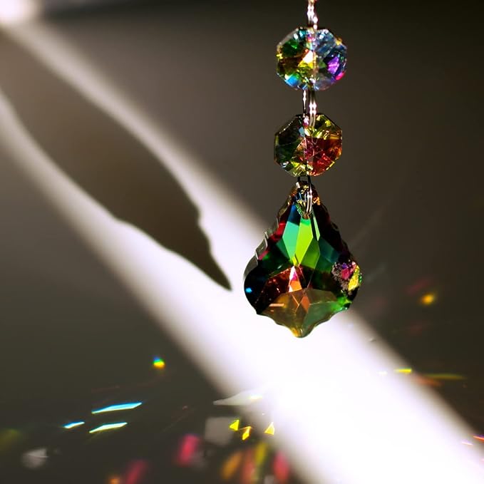 20pcs Chandelier Crystals Maple Leaf Prism Pendant Parts Connected Glass Octagon Beads Chain for Chandelier Decoration 38mm (Rainbow)
