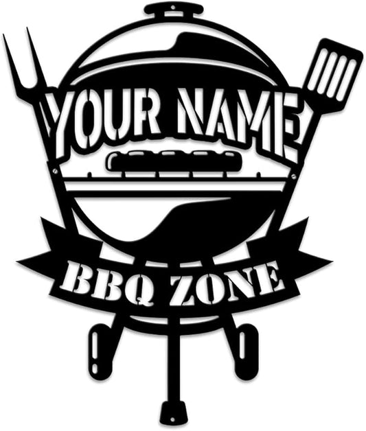 MeMate BBQ Zone Signs, Grill Sign to Personalize, Personalized Barbecue Metal Signs Kitchen Decor, Custom Name Outdoor Plaques for Backyard, Patio, Porch, Deck, Rustic Decorations for Man Cave