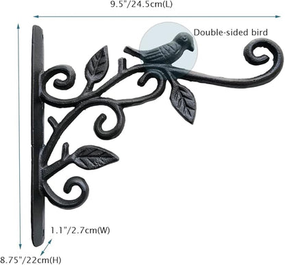 KiaoTime Cast Iron Metal 9.5" Hanging Planter Flower Pots Bracket Bird Feeder Hook Wind Chime Lanterms Hanger with Double Sided Bird for Indoor Outdoor Wall Fence Deck Trees Patio Garden Post Arm