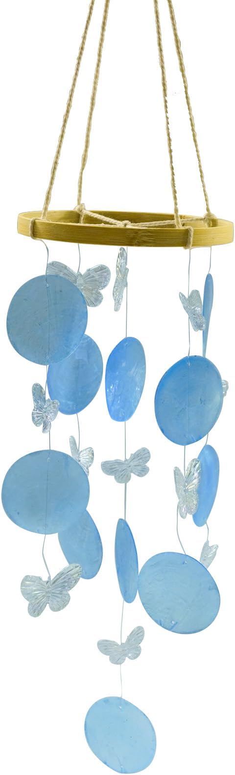 Wind Chimes Outdoor with Round Capiz Shells Butterfly,Ocean Theme Party Decorations Memorial Wind Chimes Suitable for Indoor Garden Patio Front Porch Decoration(Blue 13inch)