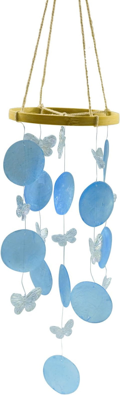 Wind Chimes Outdoor with Round Capiz Shells Butterfly,Ocean Theme Party Decorations Memorial Wind Chimes Suitable for Indoor Garden Patio Front Porch Decoration(Blue 13inch)