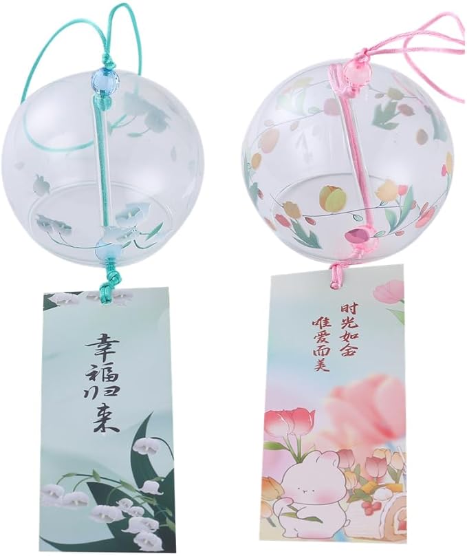 Falytemow Japanese Wind Chimes Romantic Flowers Small Wind Bells Handmade Glass Japanese Style Pendant for Birthday Present Home Decors (Tulip, Orchid, Lotus, Clover, 7 cm)