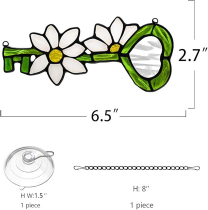 Key Decor Stained Glass Suncatcher White Flower Ornament,Artificial Floral Glass Suncatcher,Stained Glass Window Hanging Daisy Flower Gift for Women Mom Grandma