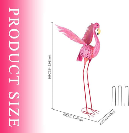 43" Metal Flamingo Garden Sculptures with Solar Light, Pink Flamingo Yard Art - Large Outdoor Lawn Ornaments & Decor for Patio, Backyard, Garden