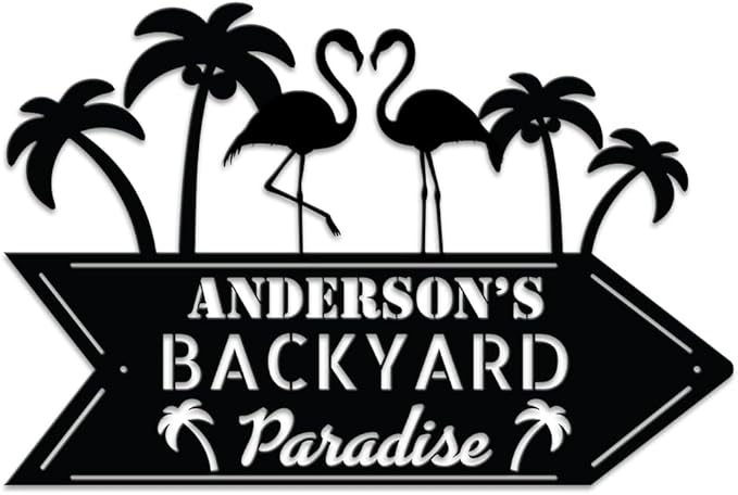 MeMate Personalized Outdoor Sign - Flamingo House Metal Sign for Porch Deck Backyard Patio Pool, Housewarming Gift