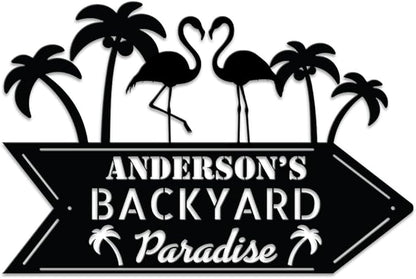 MeMate Personalized Outdoor Sign - Flamingo House Metal Sign for Porch Deck Backyard Patio Pool, Housewarming Gift