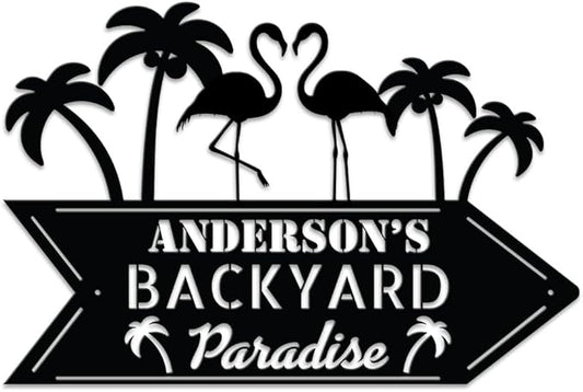 MeMate Personalized Outdoor Sign - Flamingo House Metal Sign for Porch Deck Backyard Patio Pool, Housewarming Gift