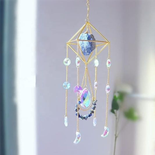 Crystal Suncatcher Lapis Lazuli, Blue Sun Catcher Hanging Decor, Valentine's Day Gift, Blue Lazurite Crystal Window Hanging, Gemstone Prism, Boho Chic Decor, Raw Natural Stone (Lazurite)