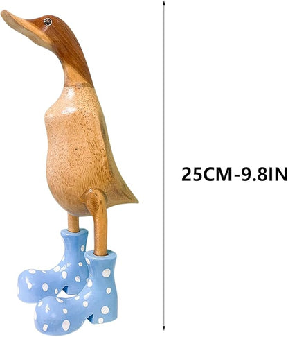 Wooden Crafted Duck Figurine with Spotty Wellies Funny Standing Duck Statues Decorative Resin Rain Boot Animal Sculpture Collectible Crafts Waterproof Garden Lawn Ornament (Blue, 9.8Inch)