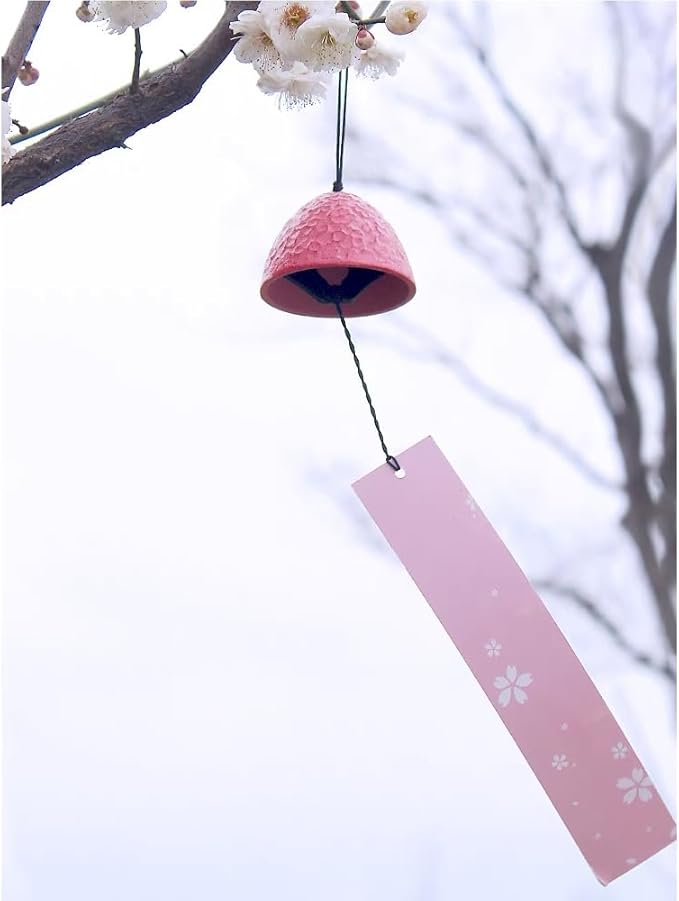 Japanese Sakura Ball Traditional Lucky Small Wind Chimes for Outside, Iwachu Cast Iron Bless Temple Wind Bell Memorial and Sympathy Wind Chimes Indoor Garden Bell, Patio, Balcony Pink