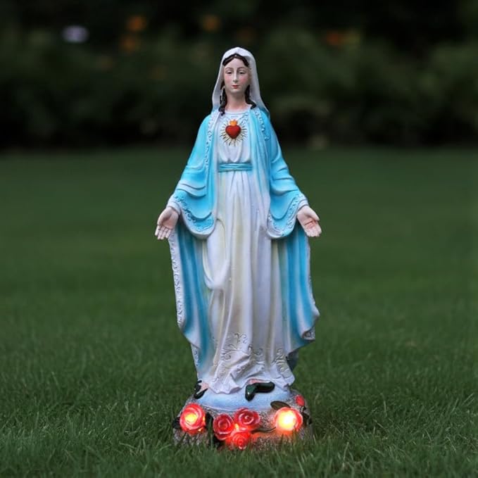 Garden Mary Statue,Solar Outdoor Virgin Mary Statues,Blessed Mother Statue with Solar Flower Ligths,Home/Garden Decor, Religious Gift to Women/Mom(11.81" H)